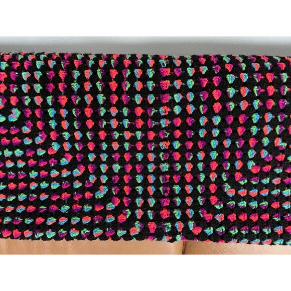 Handmade Afghan Crochet Blanket  58"x54" Retro Neon Black Cottage - Picture 2 of 4